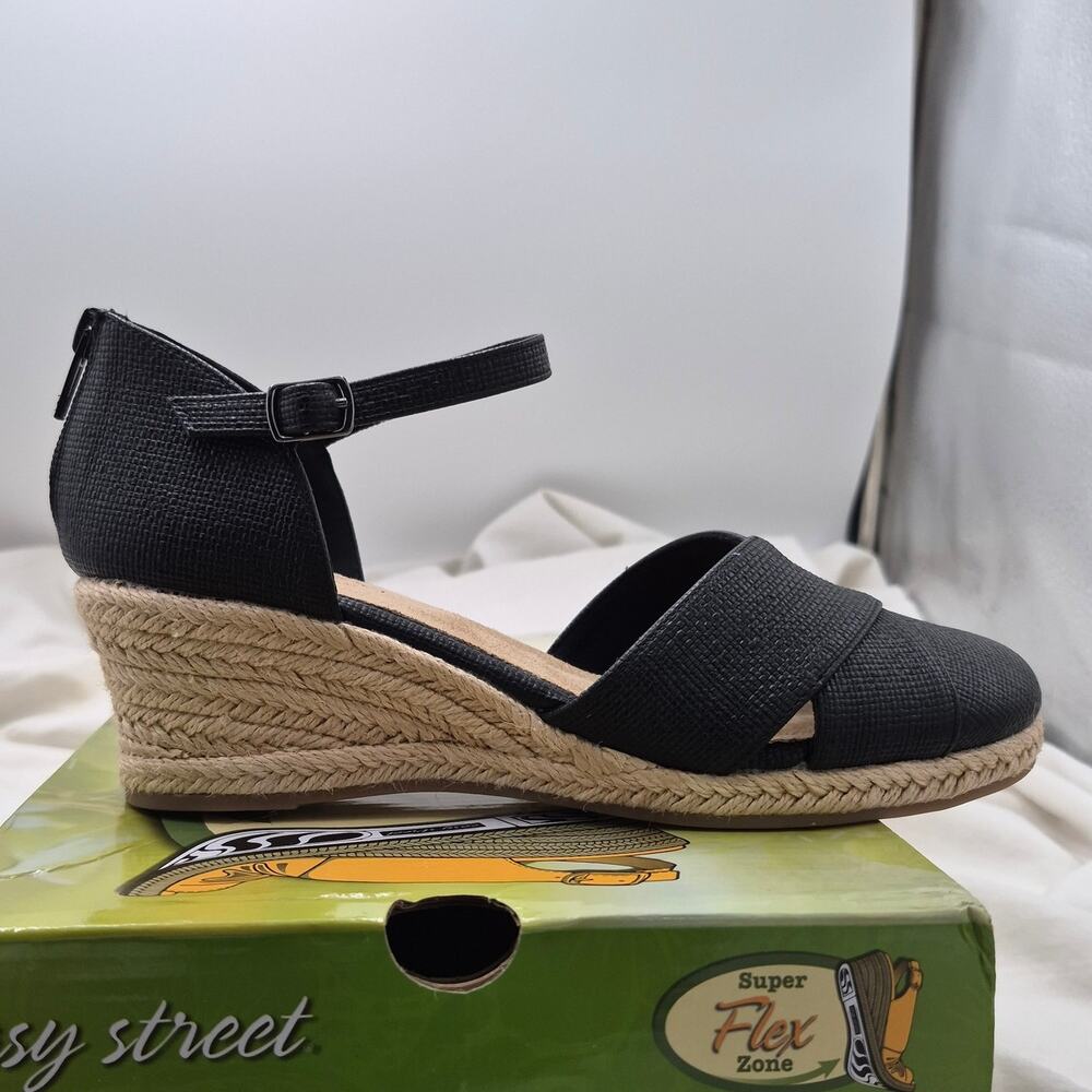 NEW Easy Street Coast Black Linen Zipper Ankle Strap Espadrille Wedge Sandal 7.5